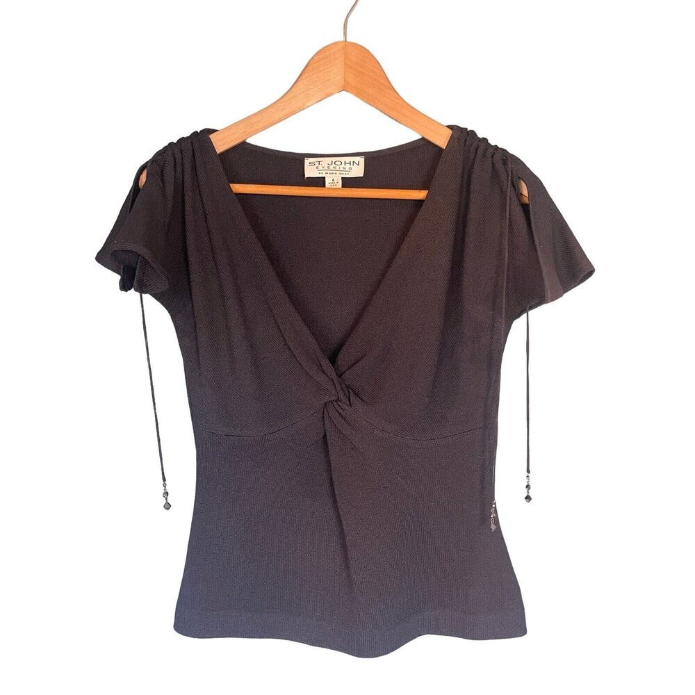 ST. JOHN EVENING Santana Knit Short Sleeve Top With Crystal Embellishments Sz 4